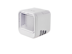 White portable air cooler with control buttons on top and water level indicators on the side.