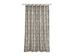 Grey shower curtain with a white ginkgo leaf pattern, hanging from a silver rod.