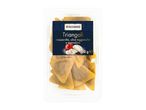 Fresh pasta triangles with mozzarella, Taggiasca olives, and tomato in a clear tray.