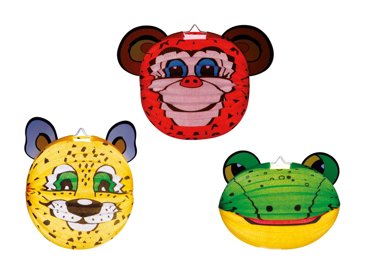 Drei bemalte Holzmasken mit Tiermotiven: Affe, Jaguar und Frosch.