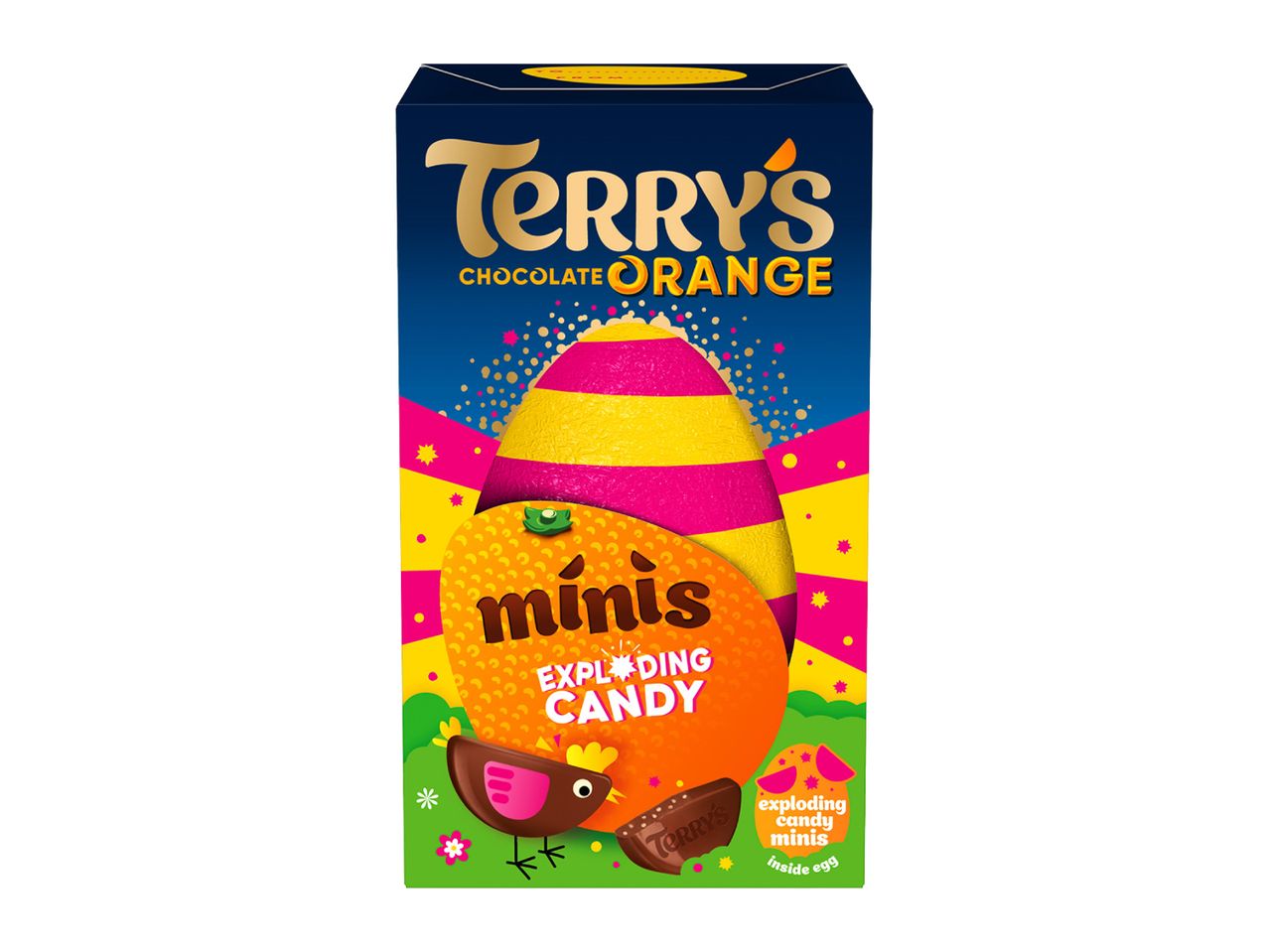 Chocolate orange minis with exploding candy in an Easter egg box, featuring a chick.