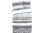 Striped duvet cover set with two pillows in shades of blue, grey, and white