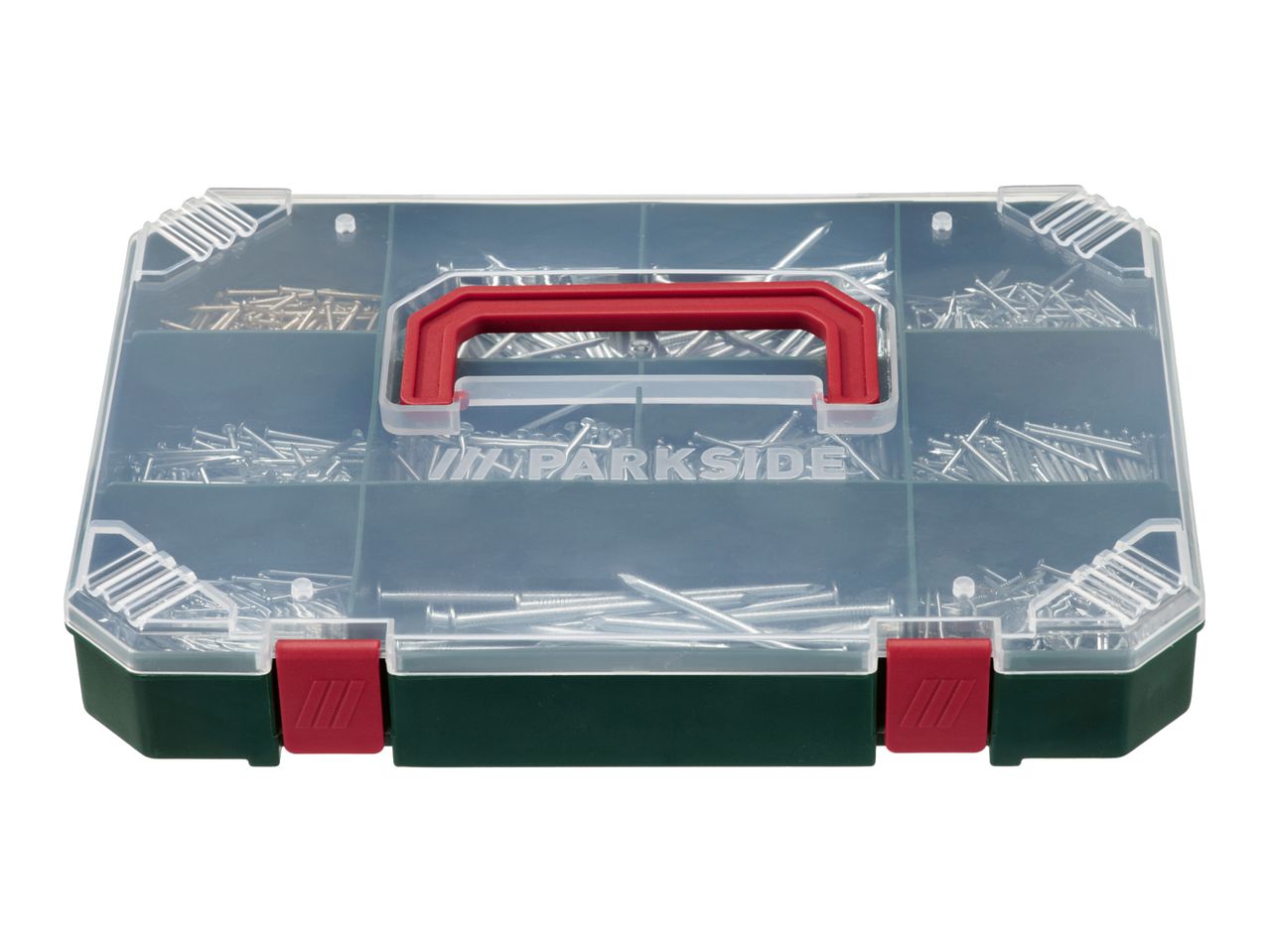 A transparent organizer box filled with various nails and screws, with a red handle.