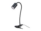 Black clip-on desk lamp with a flexible gooseneck and cylindrical head.