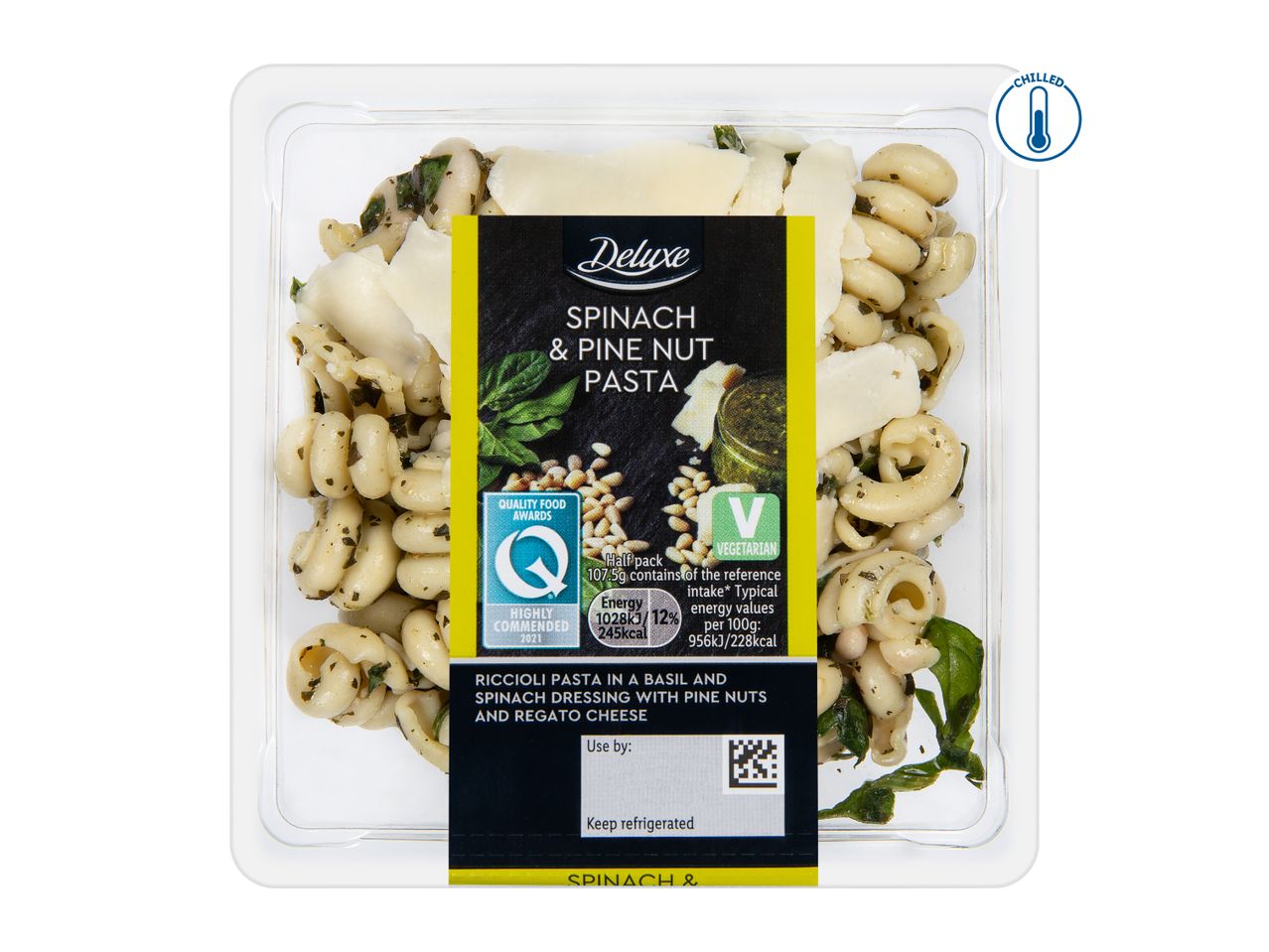 Spinach & Pine Nut Pasta with Regato Cheese, chilled, in a clear plastic container.
