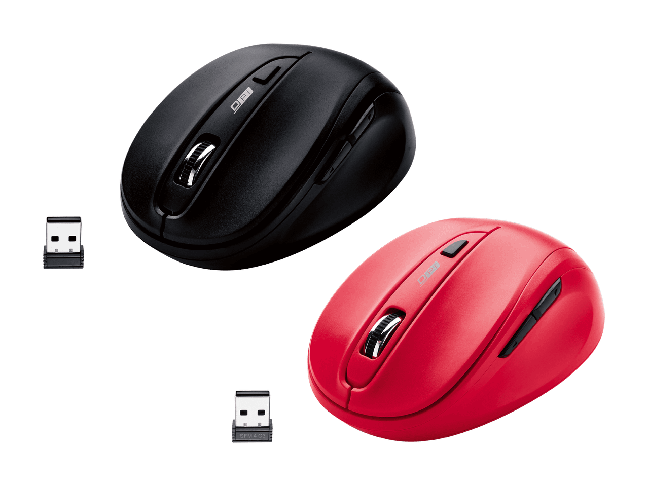 Zwei kabellose Mäuse, eine schwarze und eine rote, mit ihren USB-Empfängern.