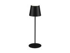 Sort gulvlampe med en opadvendt lyskilde og en rund base.