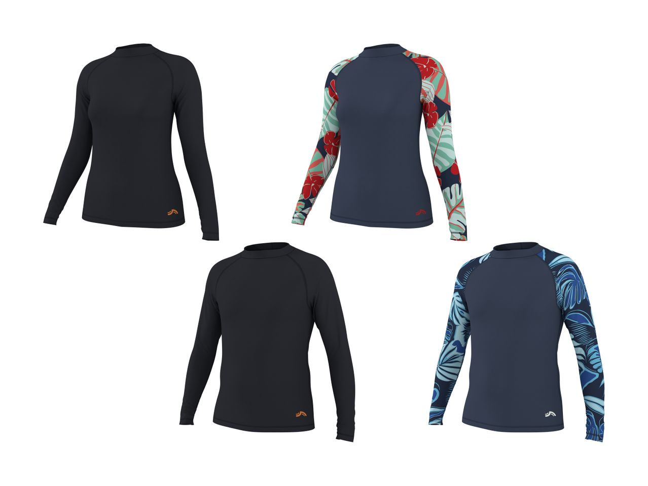 Fem langærmede rashguards: to sorte, en mørkeblå med røde blomster og en mørkeblå med blå blade.