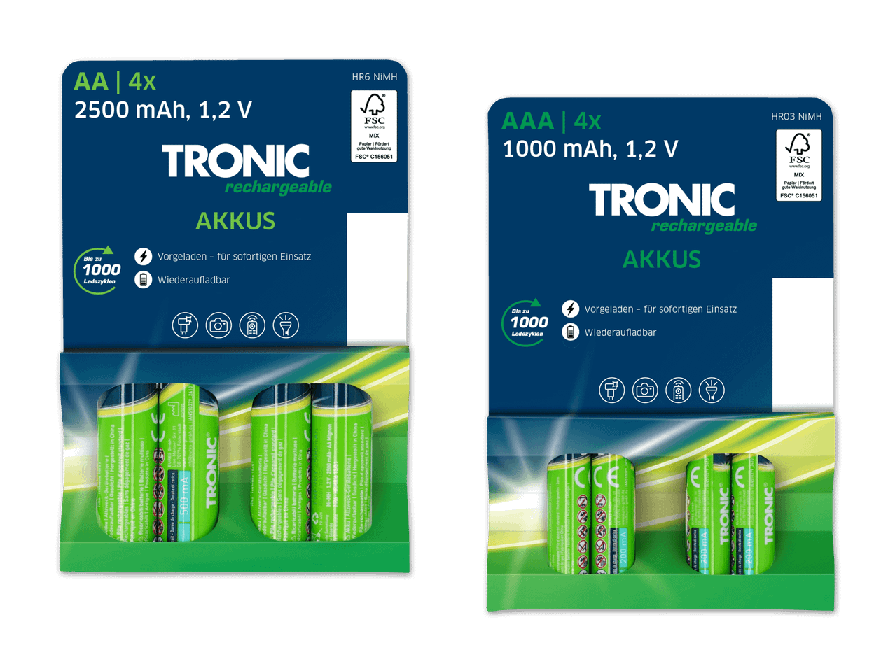 Zwei Packungen TRONIC Akku-Batterien, 1,5V, AA-Größe.