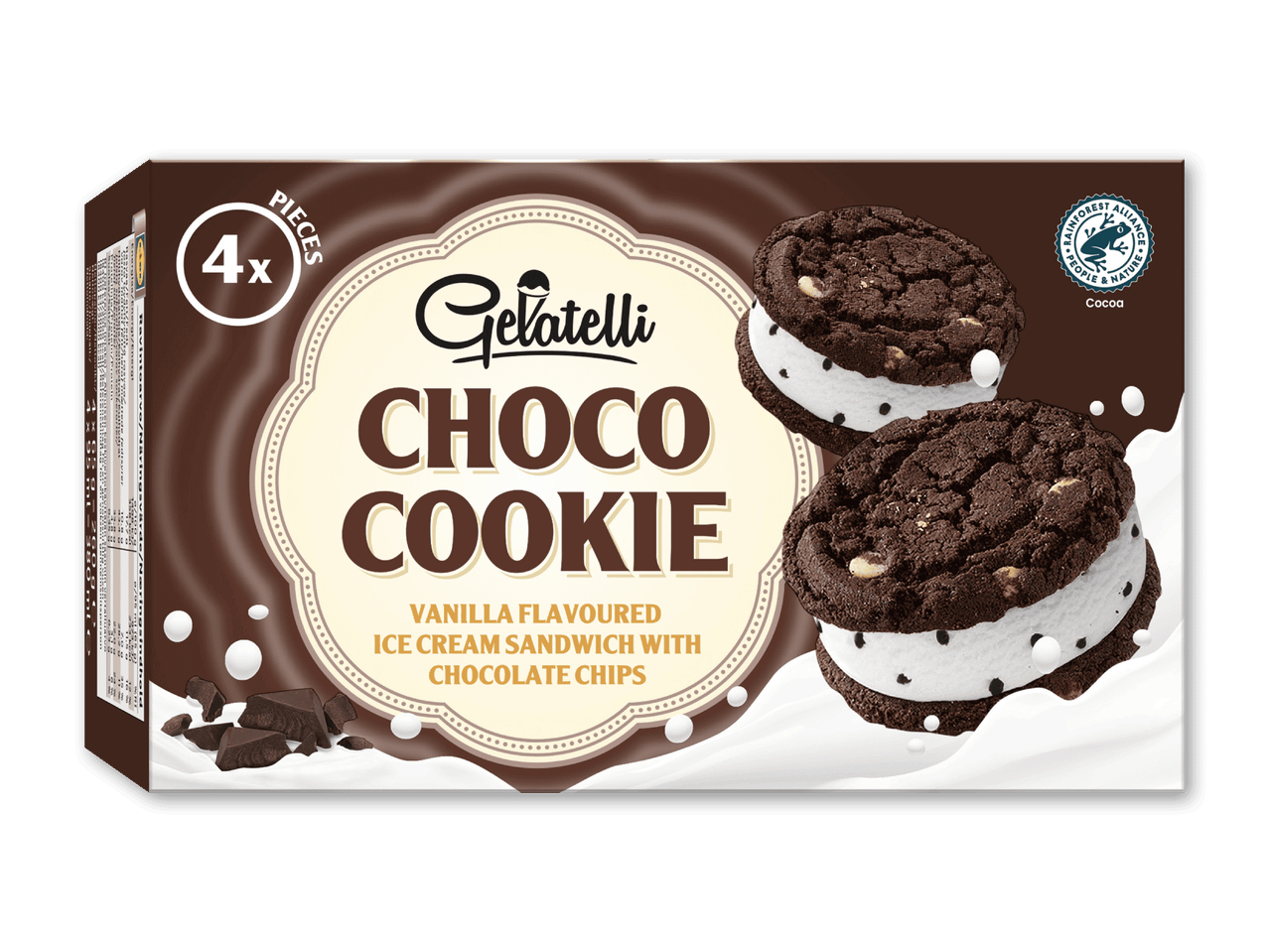 Chokolade cookie is sandwich med vaniljesmag og chokoladestykker, 4 stk.