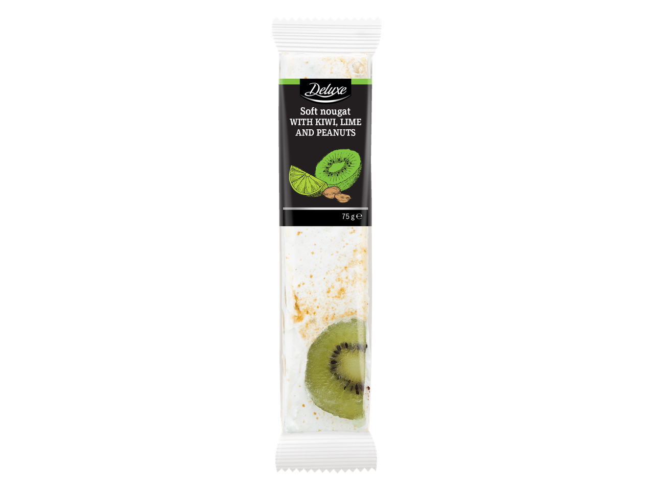 Deluxe pehme nugat kiivi, laimi ja maapähklitega, 75g pakend.