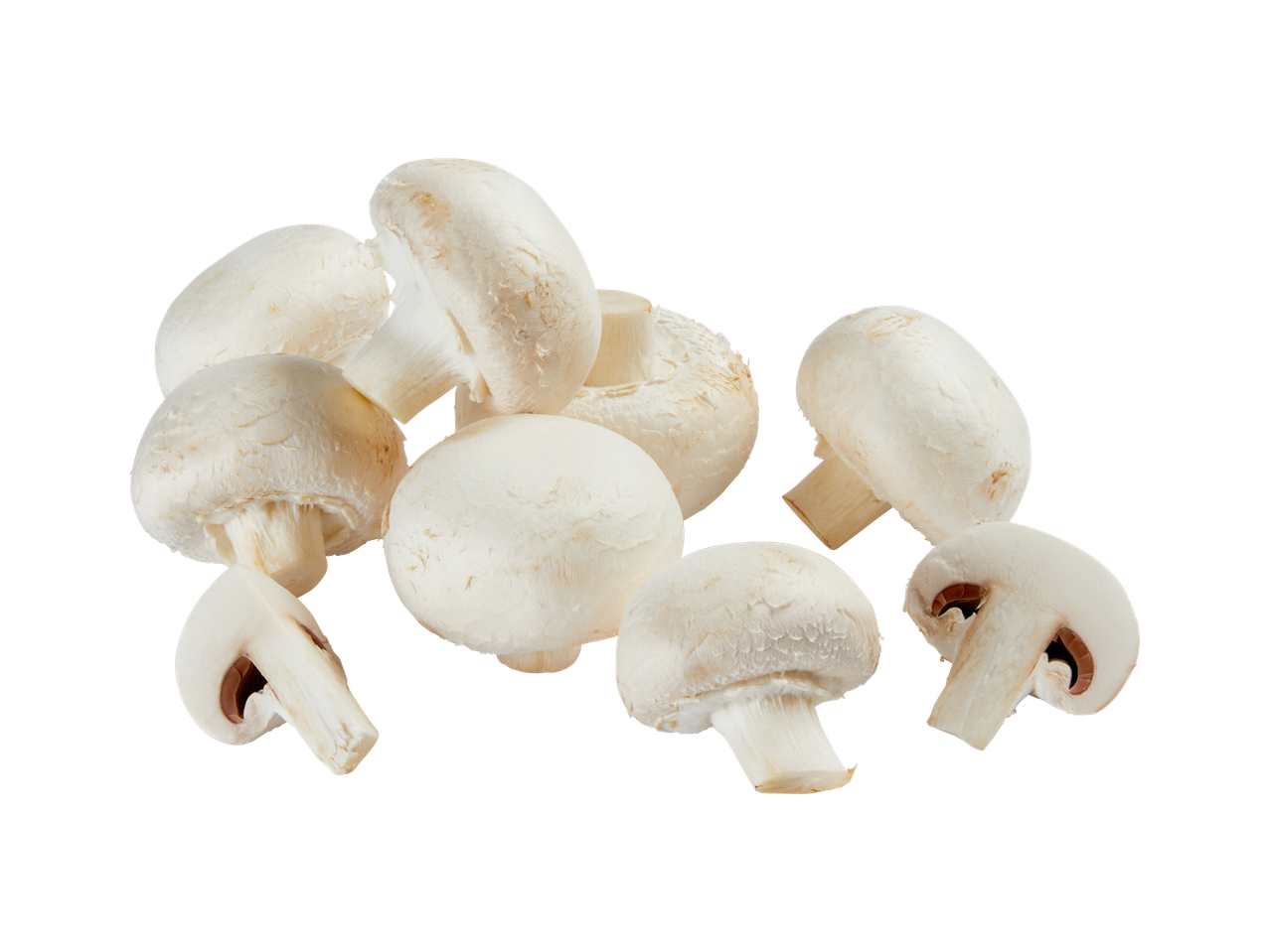 Hrpa svježih bijelih šampinjona na crnoj pozadini.