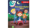 Kinderboekcover: drie kinderen als detectives, een lezende zeehond en de tekst 'Detectiveverhalen lezen'.