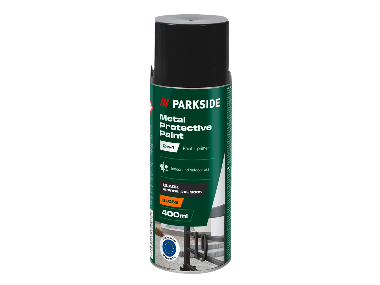 Parkside Metal Protective Paint, 400ml gloss black, 2-in-1 paint and primer for indoor and outdoor use.