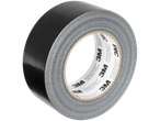 A roll of black 3M duct tape with visible branding and address details.