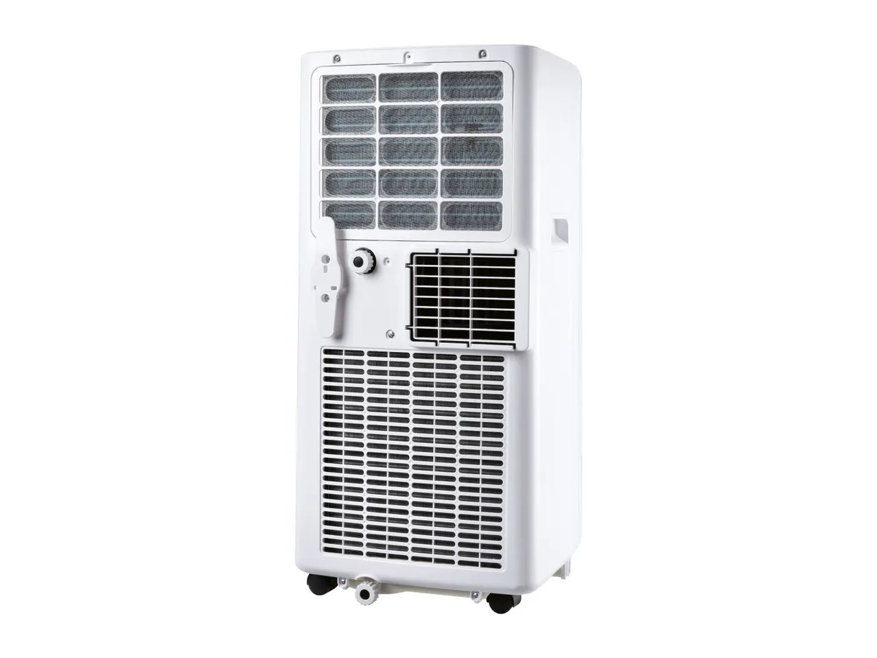 Back view of a white portable air conditioner with visible vents and wheels.