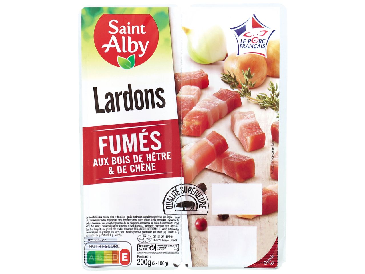 Emballage de lardons fumés Saint Alby, 200g (2x100g), aux bois de hêtre et de chêne.