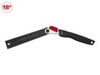 A black folding saw with a red locking mechanism and a black handle, with an '18+' age restriction symbol.