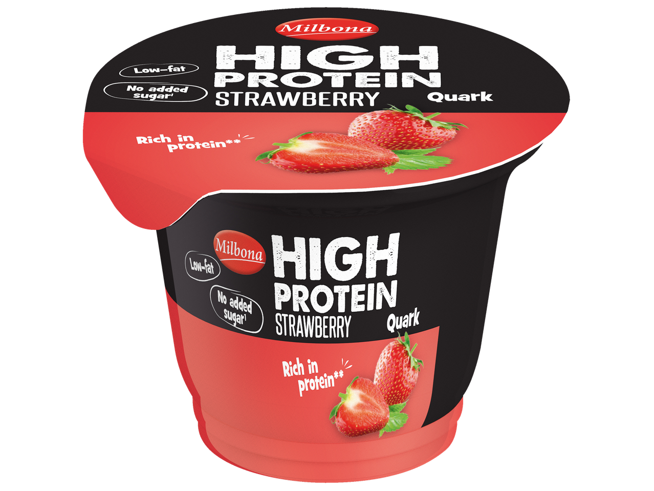Brânză de vaci Milbona cu căpșuni, bogată în proteine, cu conținut scăzut de grăsimi, fără adaos de zahăr.