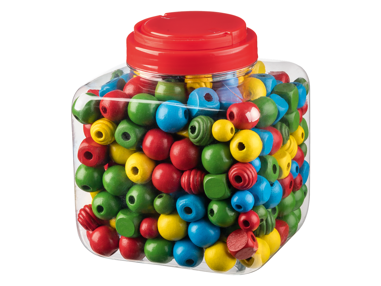 Pot met kleurrijke CRELANDO houten kralen om te knutselen.