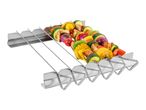 Metal skewer rack with grilled vegetable and chicken skewers