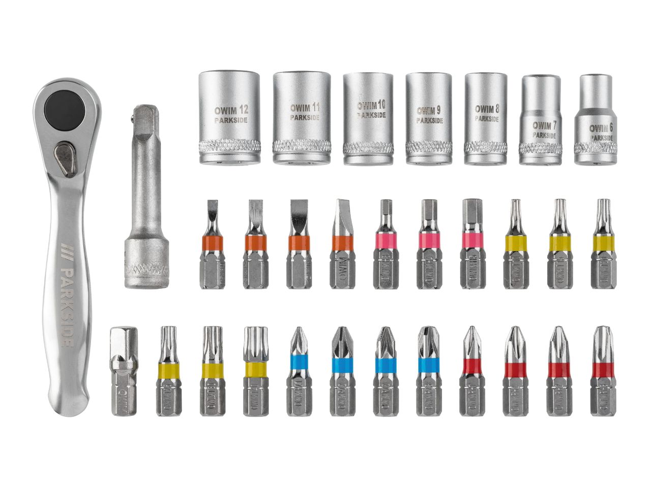 A set of silver socket wrenches, screwdriver bits, and a ratchet handle.