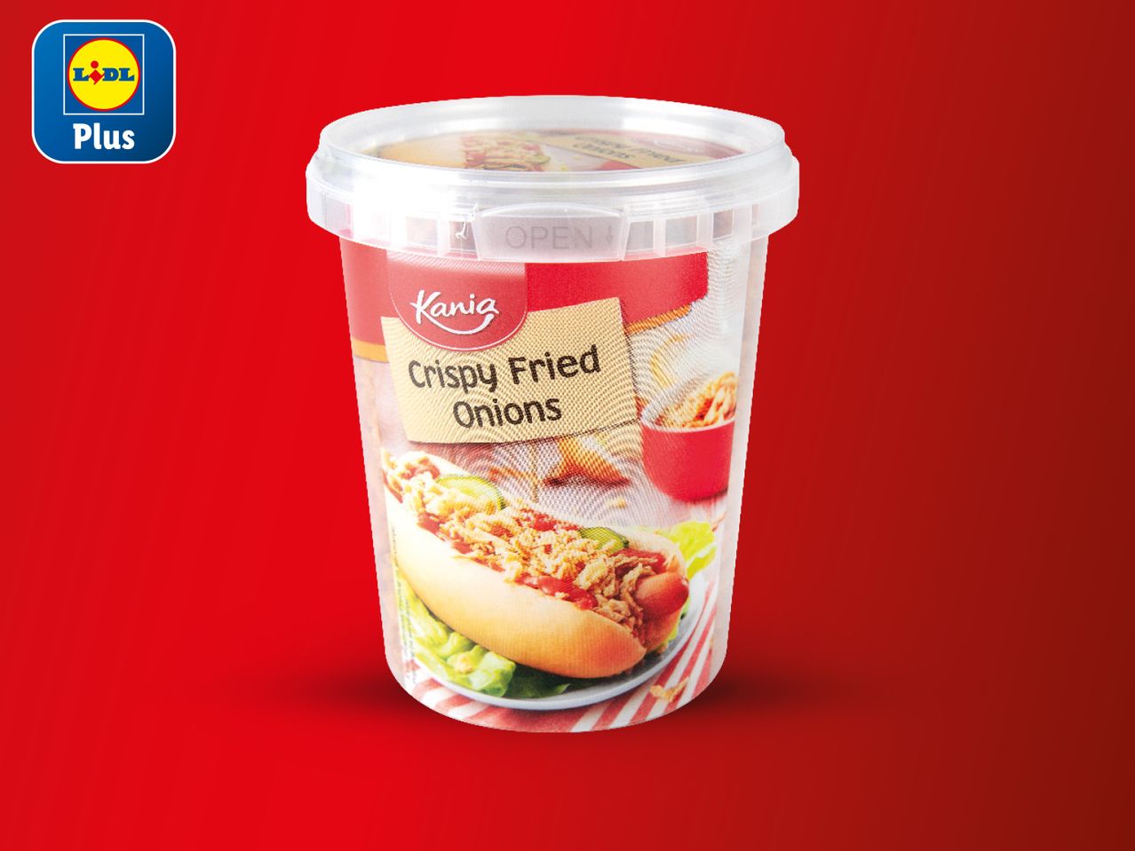 Posuda s Knorr crispy fried onions za hot dog.