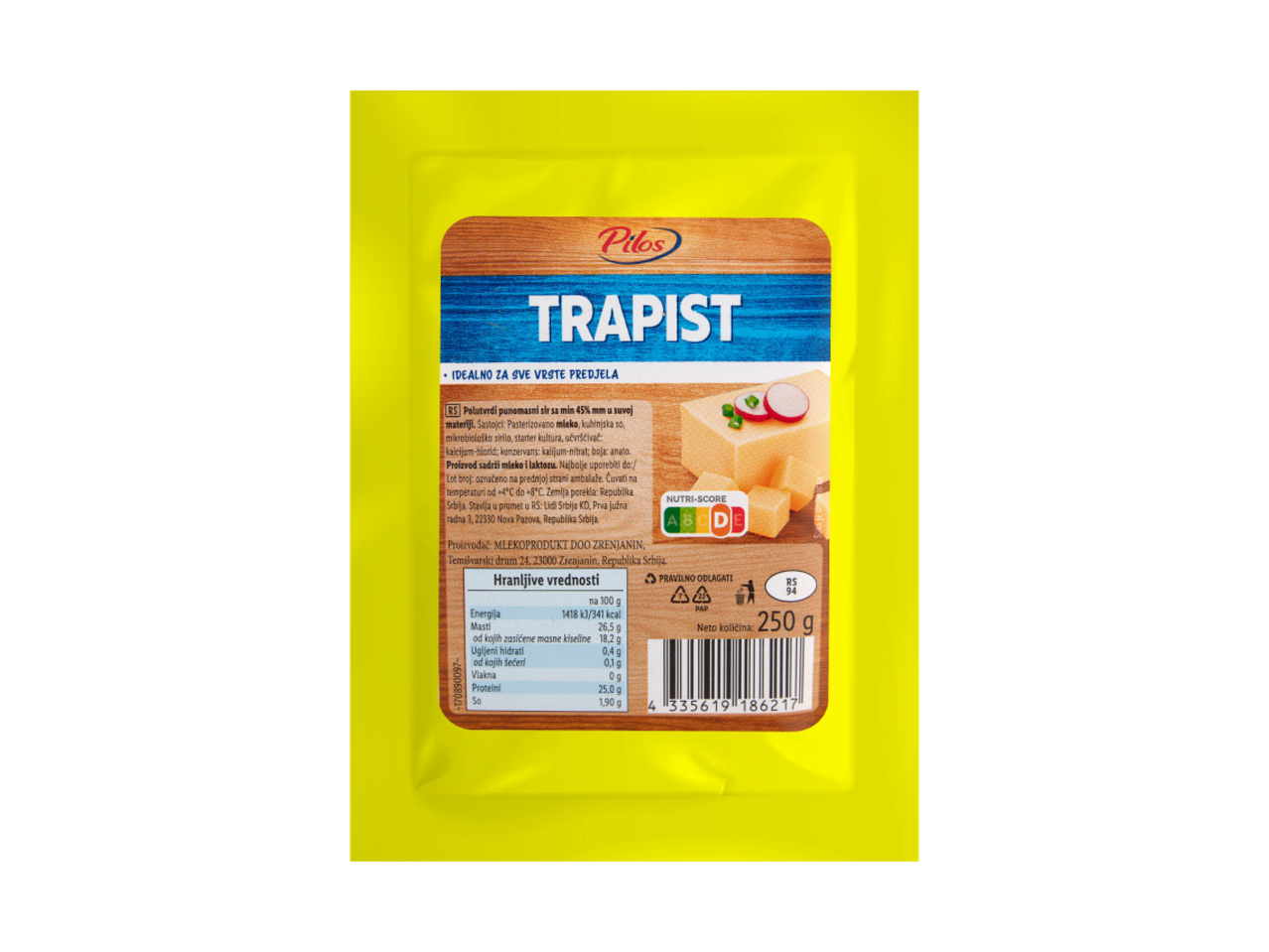 Pakovanje trapist sira sa nutritivnom deklaracijom i informacijama o proizvodu.