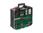 Toolbox with various drill bits, screwdriver bits, sockets, and a tape measure.