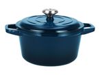 Dark blue cast iron pot with lid and stainless steel knob