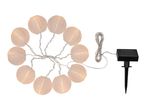 Solar-powered string lights with paper lanterns.