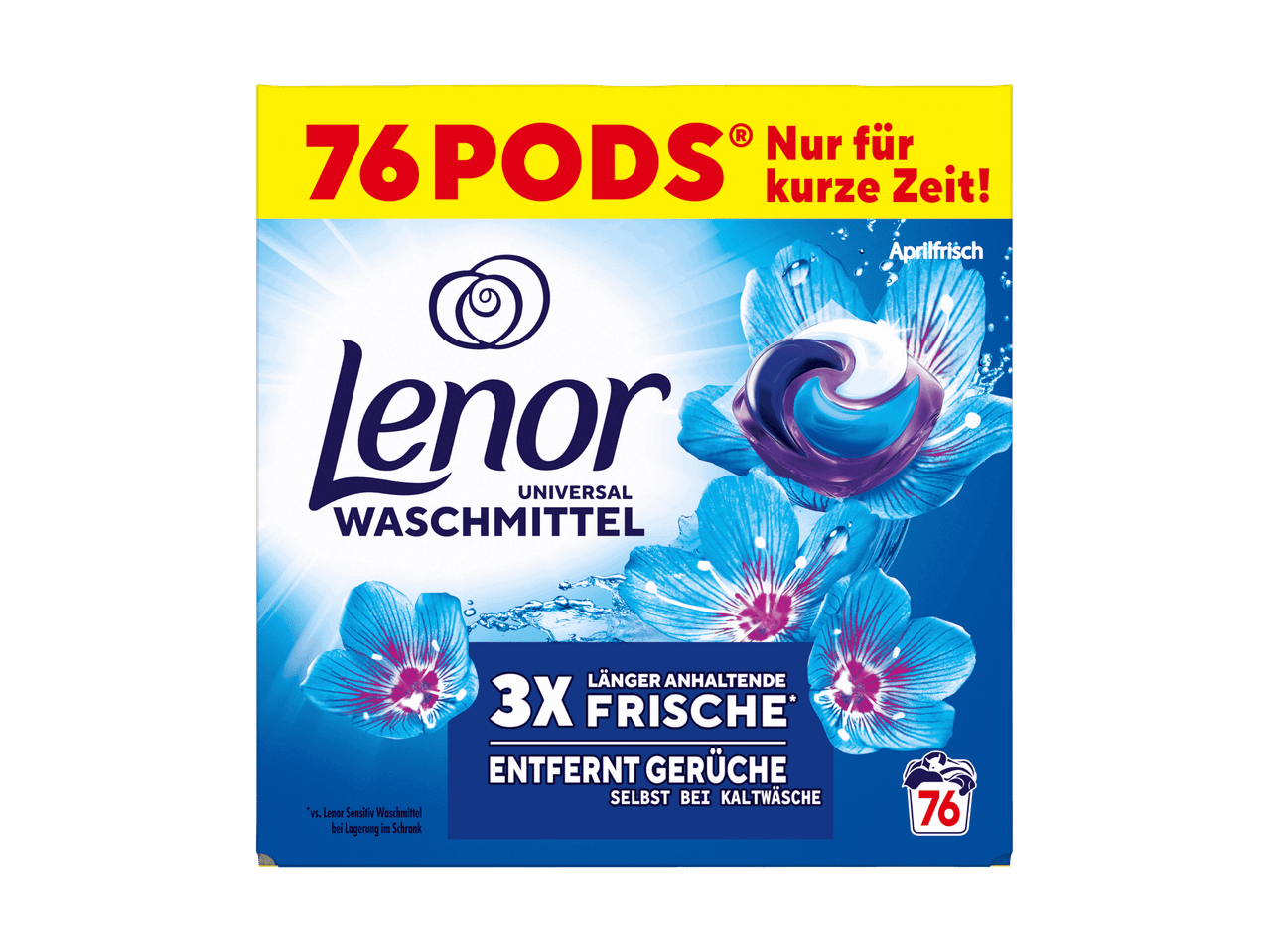 Waschmittel-Pods mit 76 Stück, langanhaltende Frische, entfernt Gerüche auch bei Kaltwäsche.