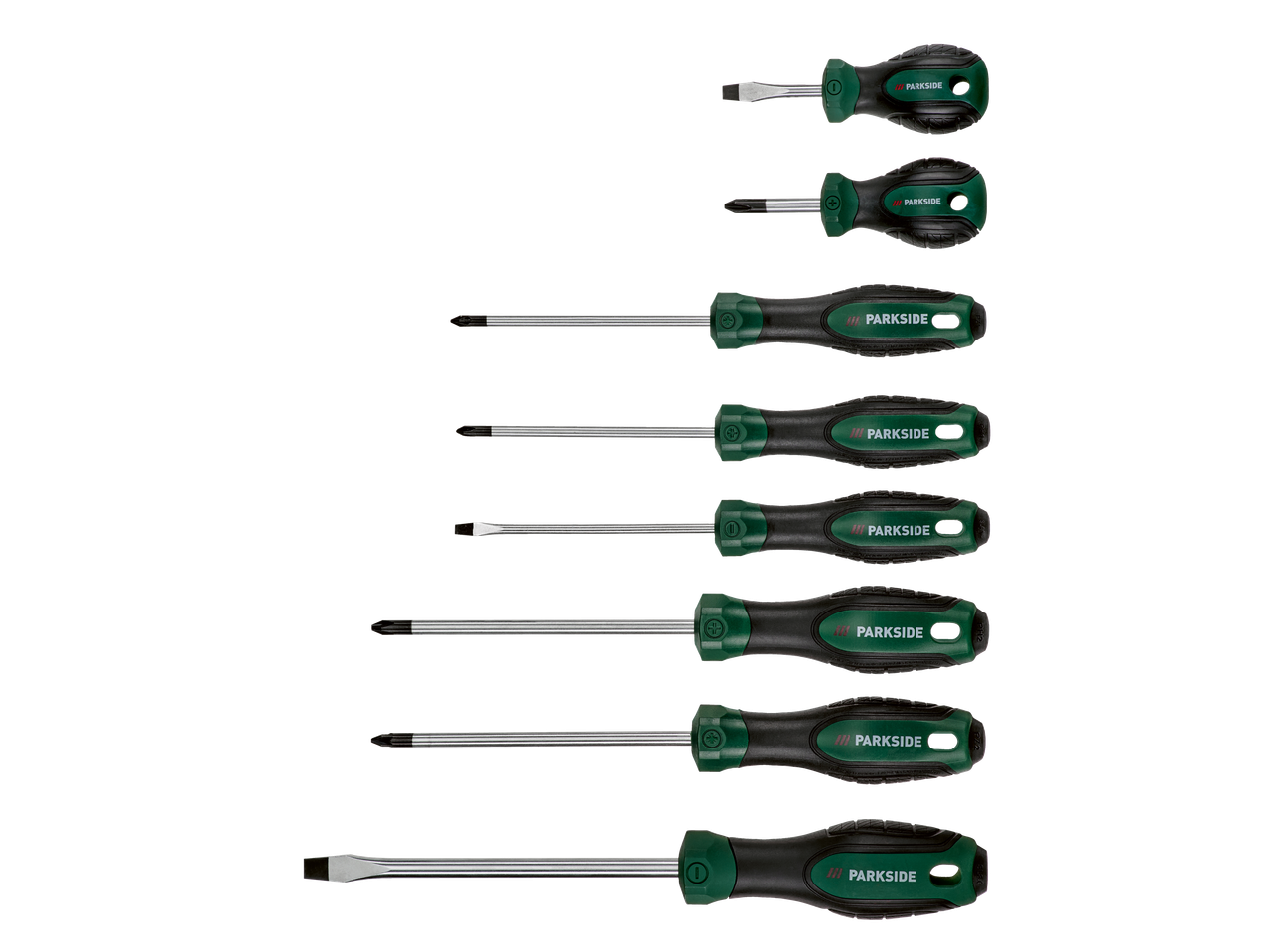 Um conjunto de chaves de fenda de vários tamanhos e tipos, com cabos ergonómicos pretos e verdes.