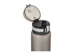 Open grey water bottle with a black and white lid