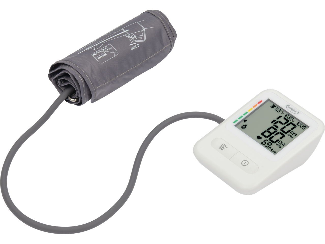 SENSIPLAST® Blutdruckmessgerät mit Manschette und Digitalanzeige, die 120/80 und 69 Schläge/Min. anzeigt.
