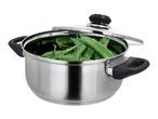 Stainless steel pot with a glass lid, filled with fresh green snow peas.