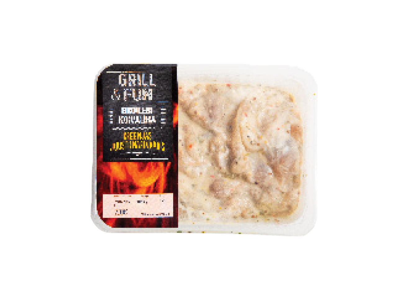 Iepakojums ar marinētu gaļu grilēšanai, ar uzrakstu 'Grill & Fun' un liesmu attēlu.