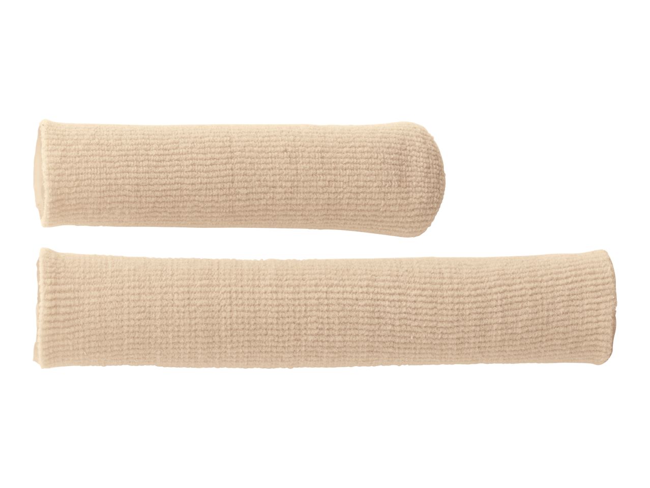 Two beige finger bandages, one shorter and one longer, on a white background.