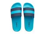 Pair of blue and dark grey striped slide sandals with text 'IAN 507014' and 'CRIVIT' on the footbed.