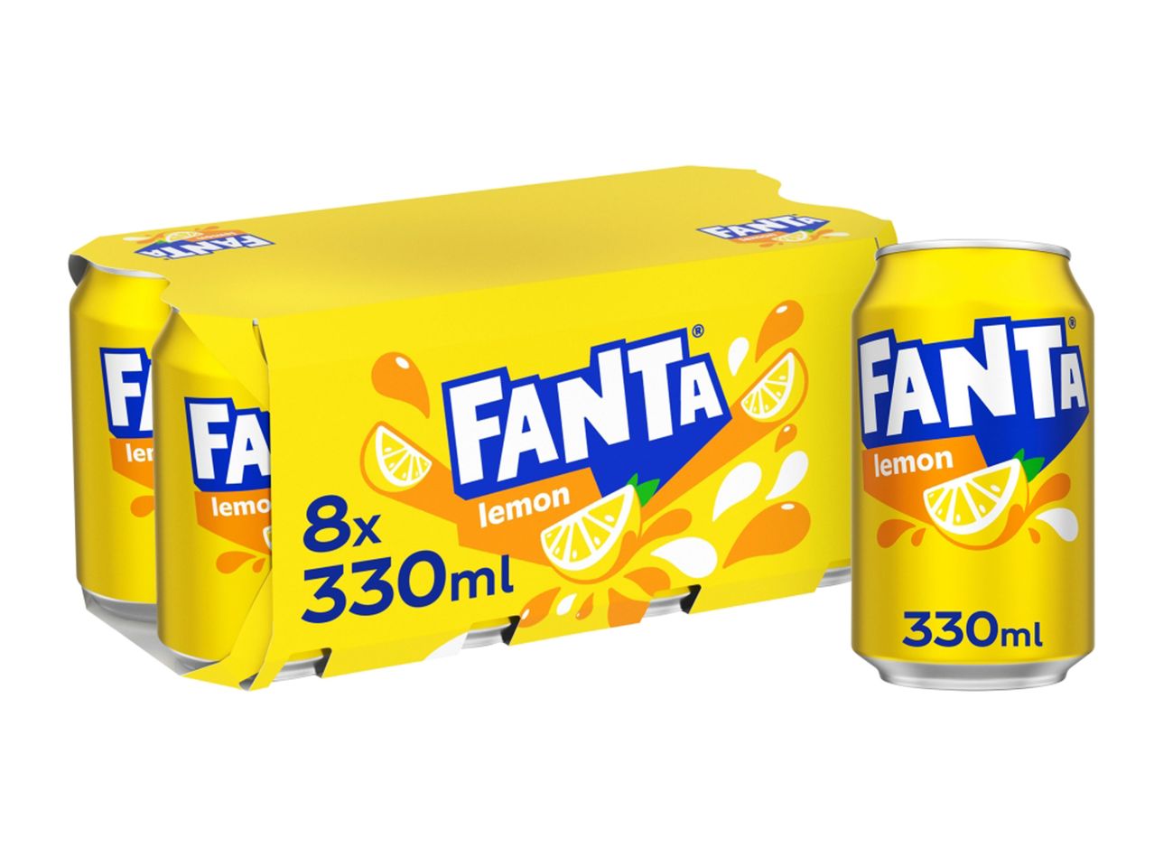 Eight 330ml cans of Fanta Lemon in a multipack.