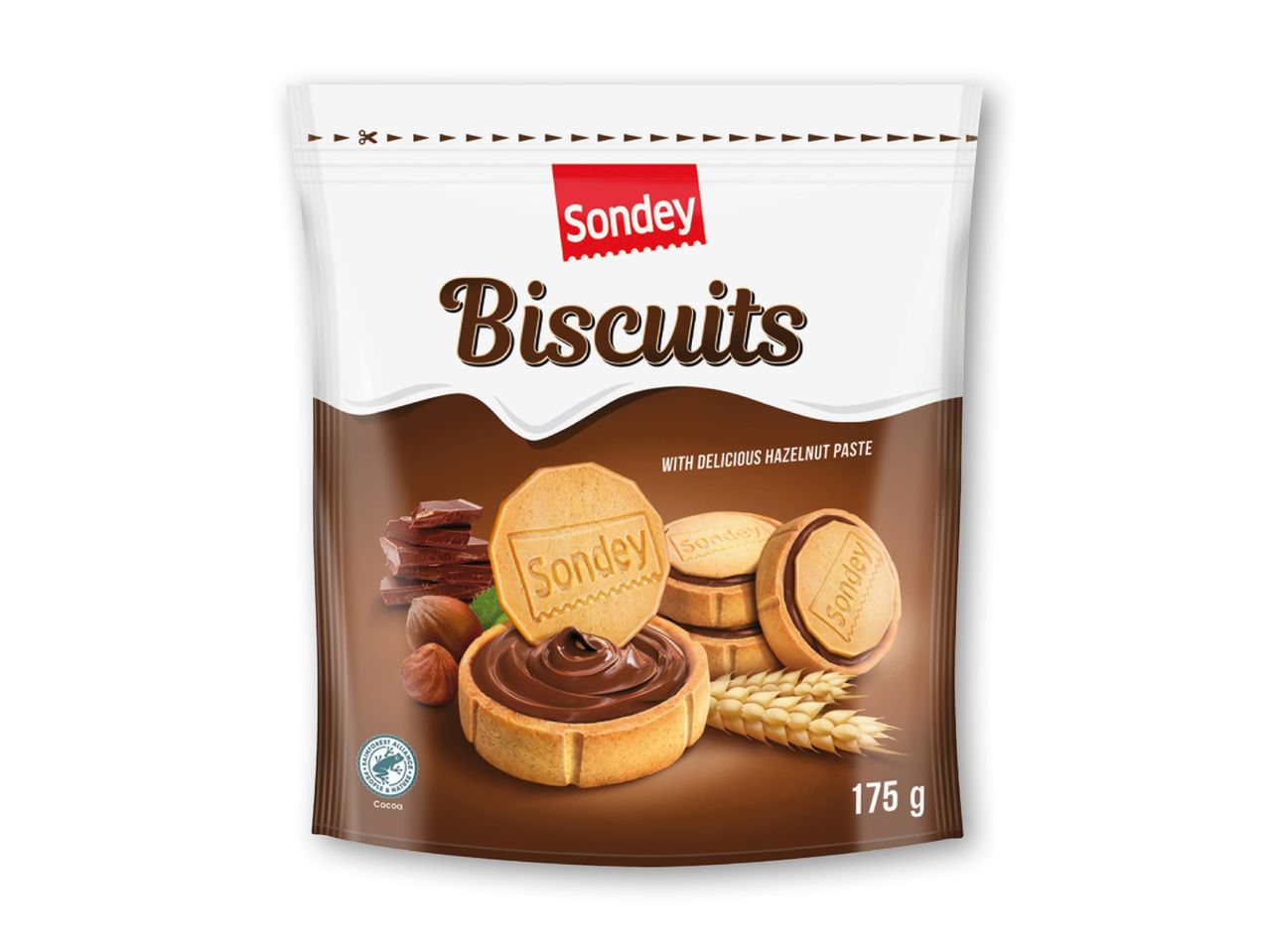 Kiks med hasselnøddepasta i en pose, med chokolade, hasselnødder og hvedeaks.