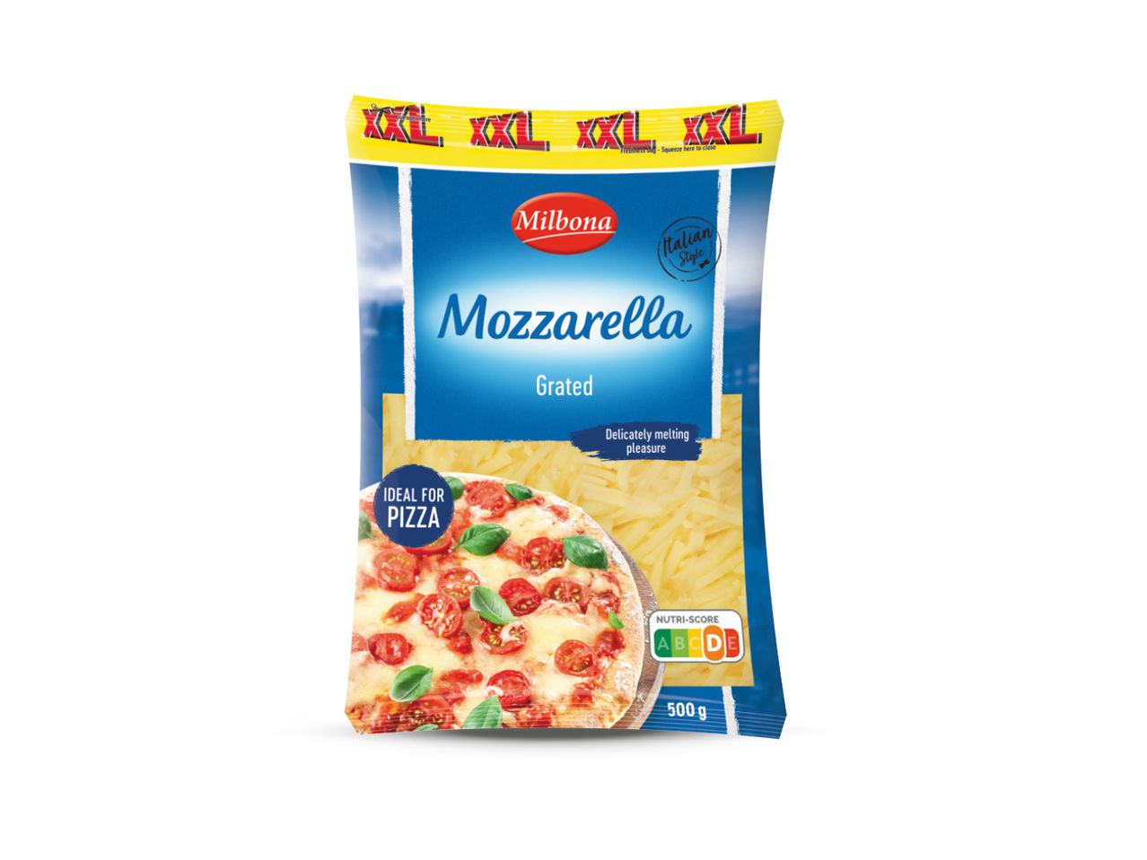 Pakiranje Milbona ribanog mozzarelle (500g), idealno za pizzu.