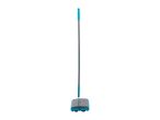 A blue and gray push broom with a telescopic handle stands upright.