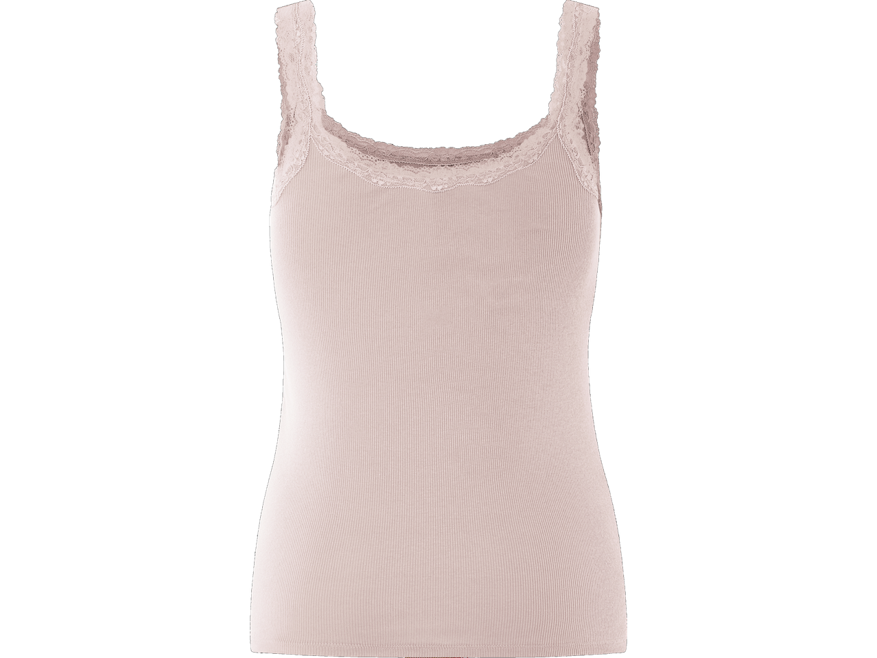 Un top rosa chiaro a costine con dettagli in pizzo.