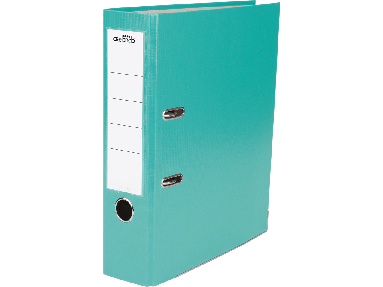 Crelando A4 Lever Arch File in teal with a label holder and finger hole.