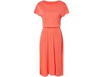 A coral midi dress with short sleeves and a relaxed fit.
