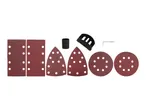 Sanding paper sheets and discs in various shapes and sizes, with a black adapter and hex key.