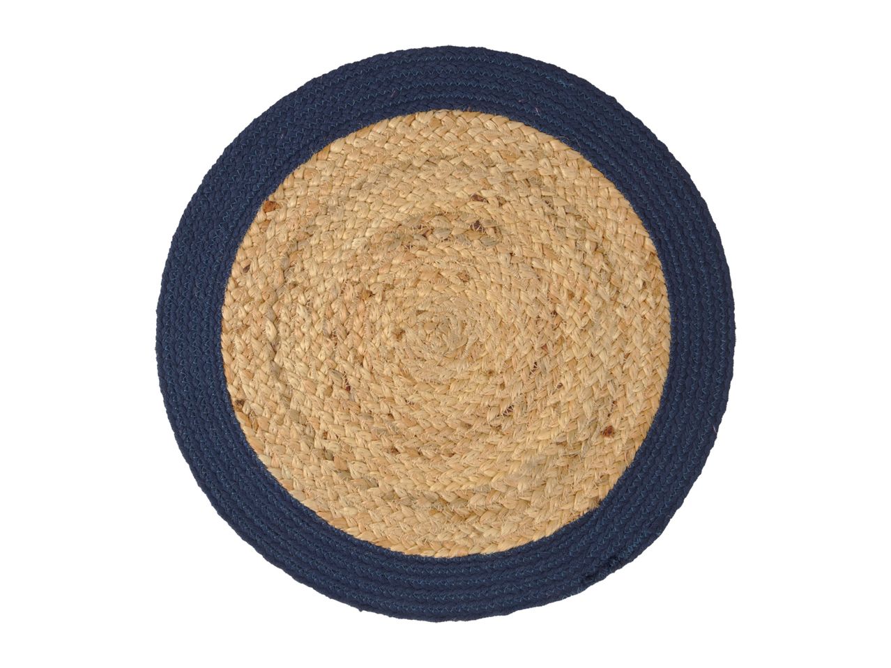 Round jute rug with a blue border.