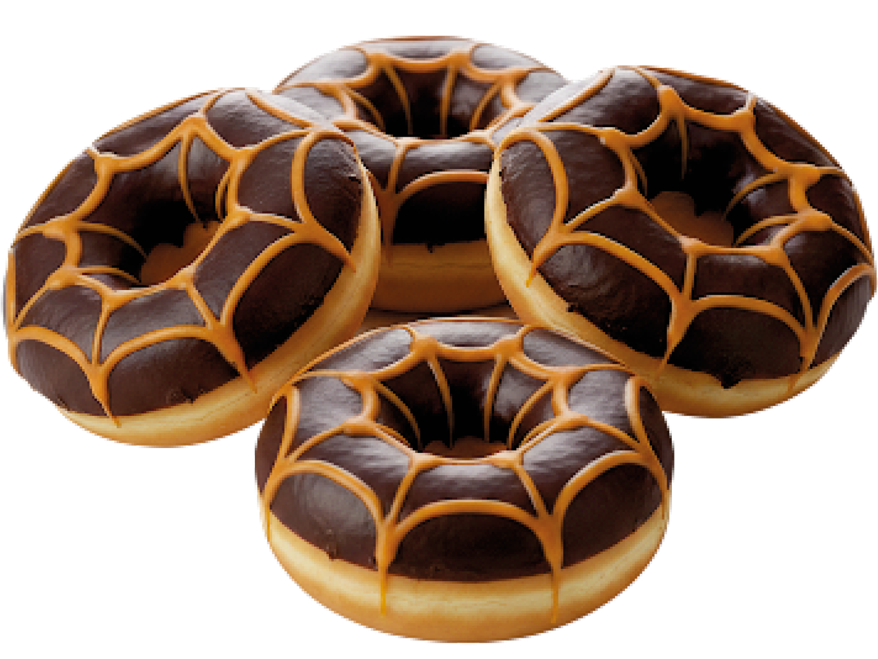 Fyra chokladdunkar med karamellspindelnätsmönster