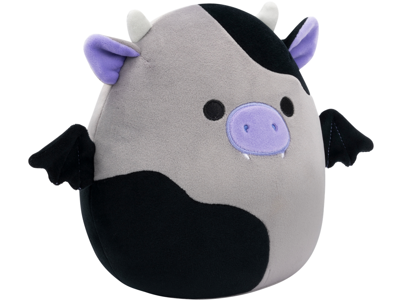 A gray and black Squishmallows plush toy with purple ears, a purple snout, and small black wings.
